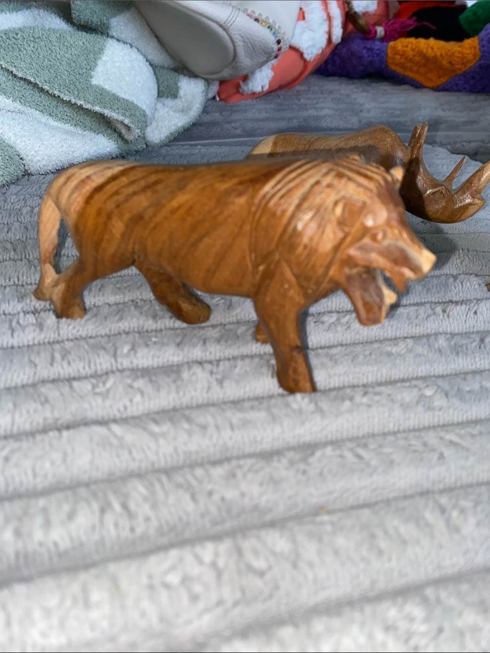 Hand Carved Wooden Animals  Figurines - Warm Honey Tone Lion Buffalo Rhino
